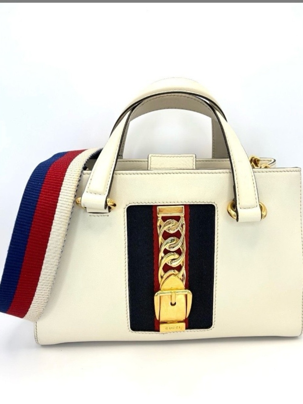 Gucci Cream Leather Sylvie Top-Handle Satchel with Blue and Red Web Stripe
